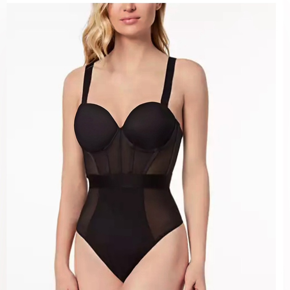 New! DKNY Sheers Strapless Mesh-Panel Thong Bodysuit size 36C